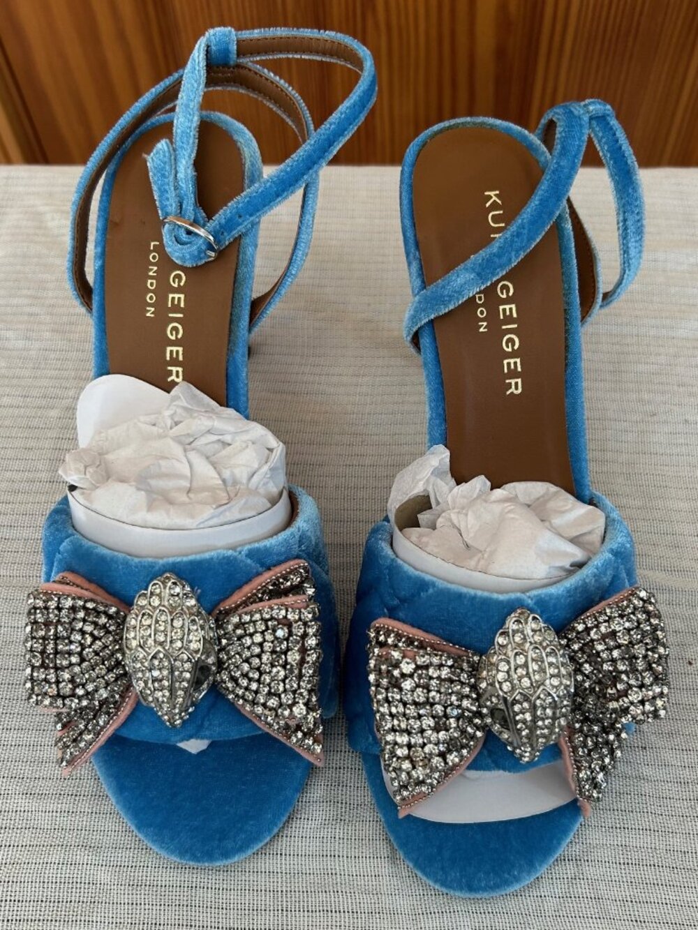 Kurt Geiger London Blue Velevt Rhinestone Bird Strappy Heels NIB